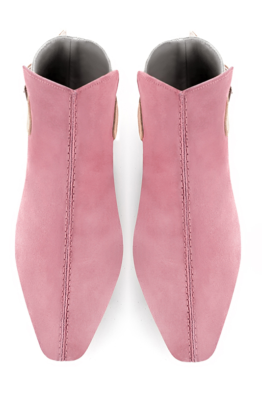 Carnation pink, gold and biscuit beige women's ankle boots with buckles at the back. Square toe. Flat flare heels. Top view - Florence KOOIJMAN